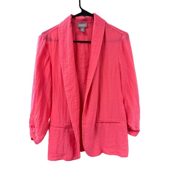 ✌️ 2/$40 ✌️ Salmon Lightweight Women's Chico's Blazer Ruched Cuffs sz Medium - Picture 1 of 8